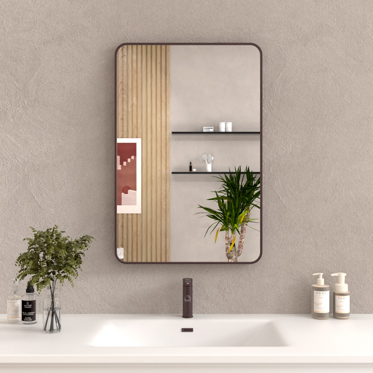 24x36 In. Aluminum Framed Rounded Rectangle Bathroom Wall Mirror, Oil Rubbed Bronze Bathroom Vanity Mirror Farmhouse, Anti-Rust, Tempered Glass Mirrors, Hangs Horizontally Or Vertically_voghion.com